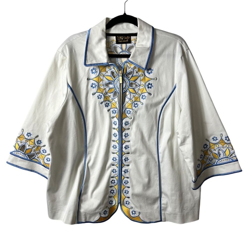 Bob Mackie wearable‎ art embroidered zip up jacket women's size XL